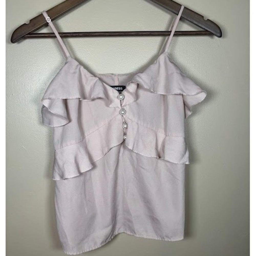 Express Womens Pink Ruffle Faux Pearl Button Cami Top Size XS Blush Cami